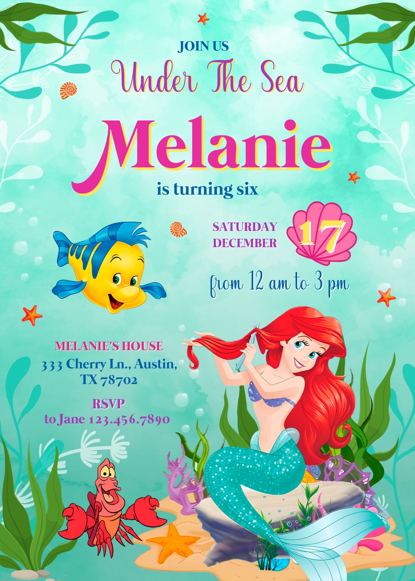 Ariel The Little Mermaid personizable birthday invitation template, instant download, girl, FR992