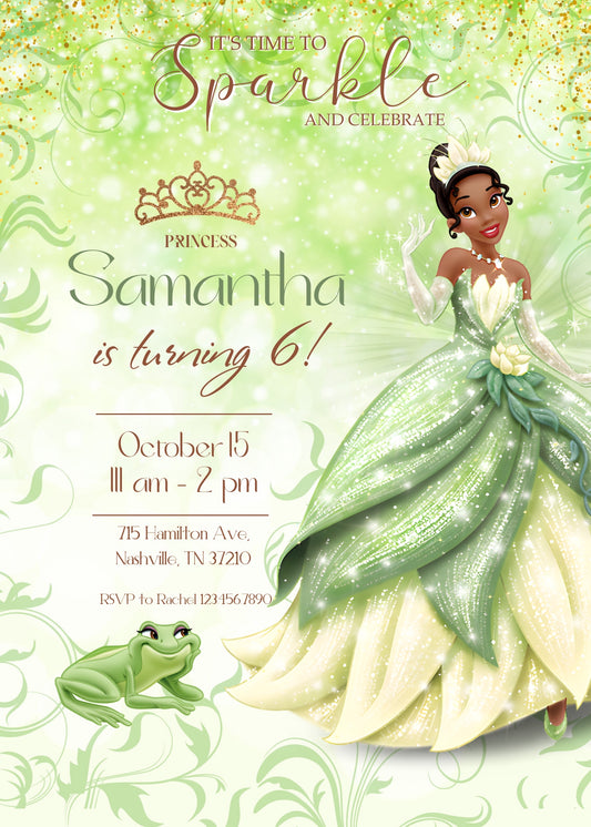 Tiana Frog Princess personizable birthday invitation template, instant download, girl, VS566
