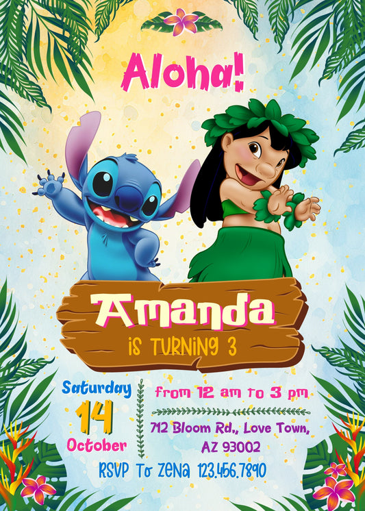 Lilo & Stitch Aloha personizable birthday invitation template, instant download, FG007