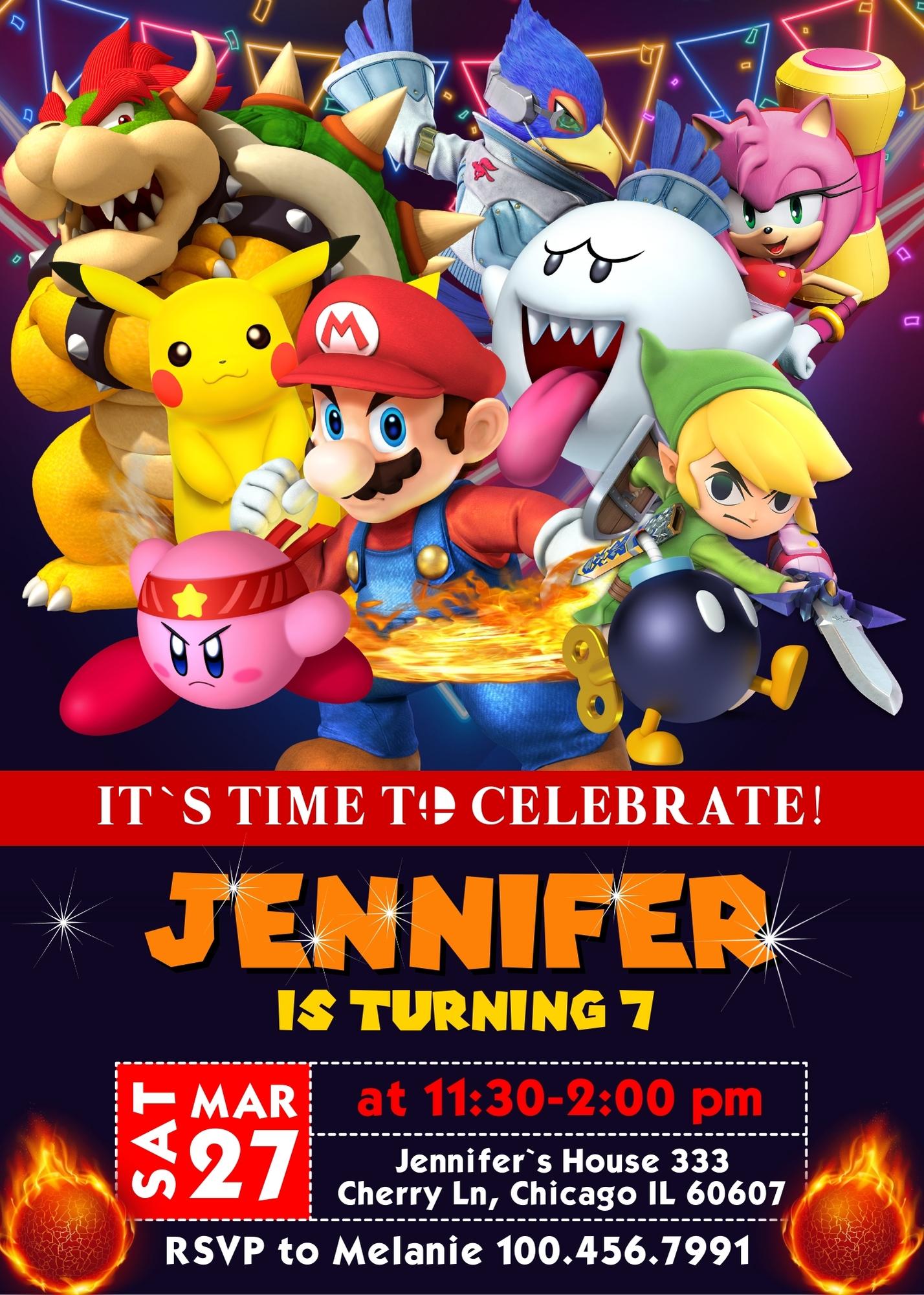 Super Smash Mario Bros personizable birthday invitation template, instant download, UR908