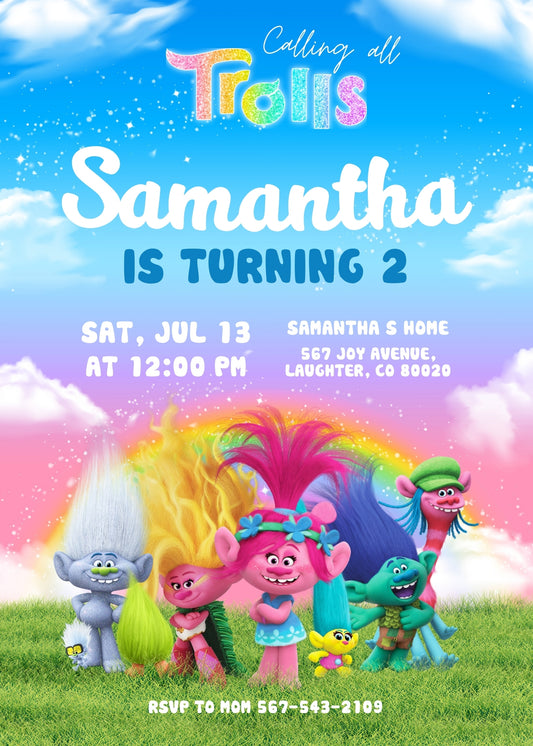 Trolls Poppy personizable birthday invitation template, instant download, TE104