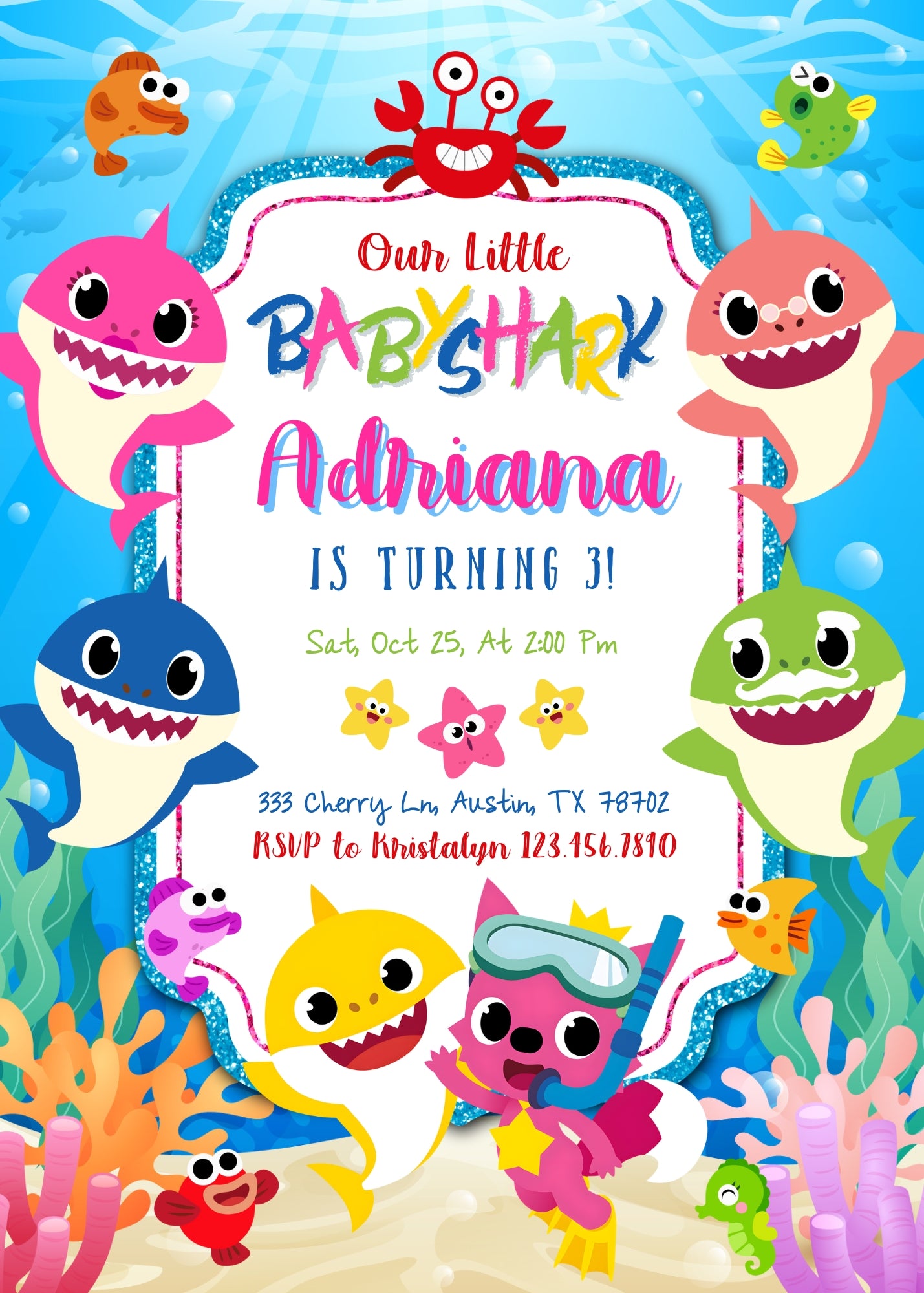 Baby Shark personizable birthday invitation template, instant download, RN584