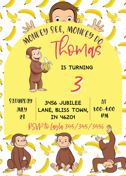 Curious George Monkey personizable birthday invitation template, instant download, YC371