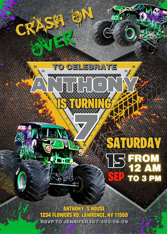 Garve Digger Monster Jam Truck personizable birthday invitation template, instant download, boy, ER767