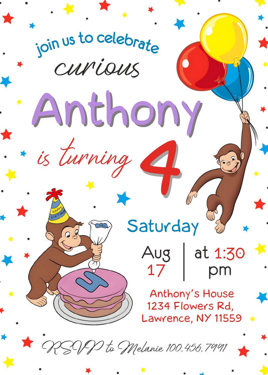 Curious George Monkey personizable birthday invitation template, instant download, IW302