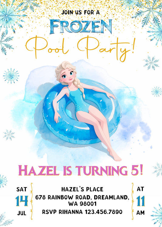 Disney Princess Frozen Elsa Pool Party customizable birthday invite template, instant download| NJ390