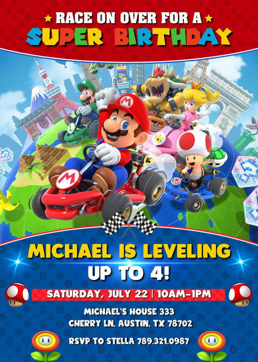 Mario Kart Gamer personizable birthday invitation template, instant download, boy, MG888
