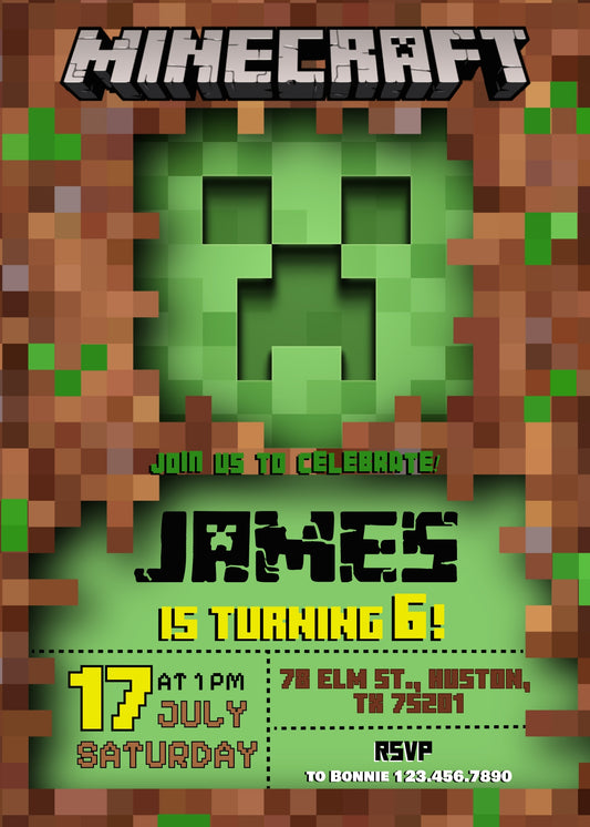 Minecraft Gamer personizable birthday invitation template, instant download, MA910