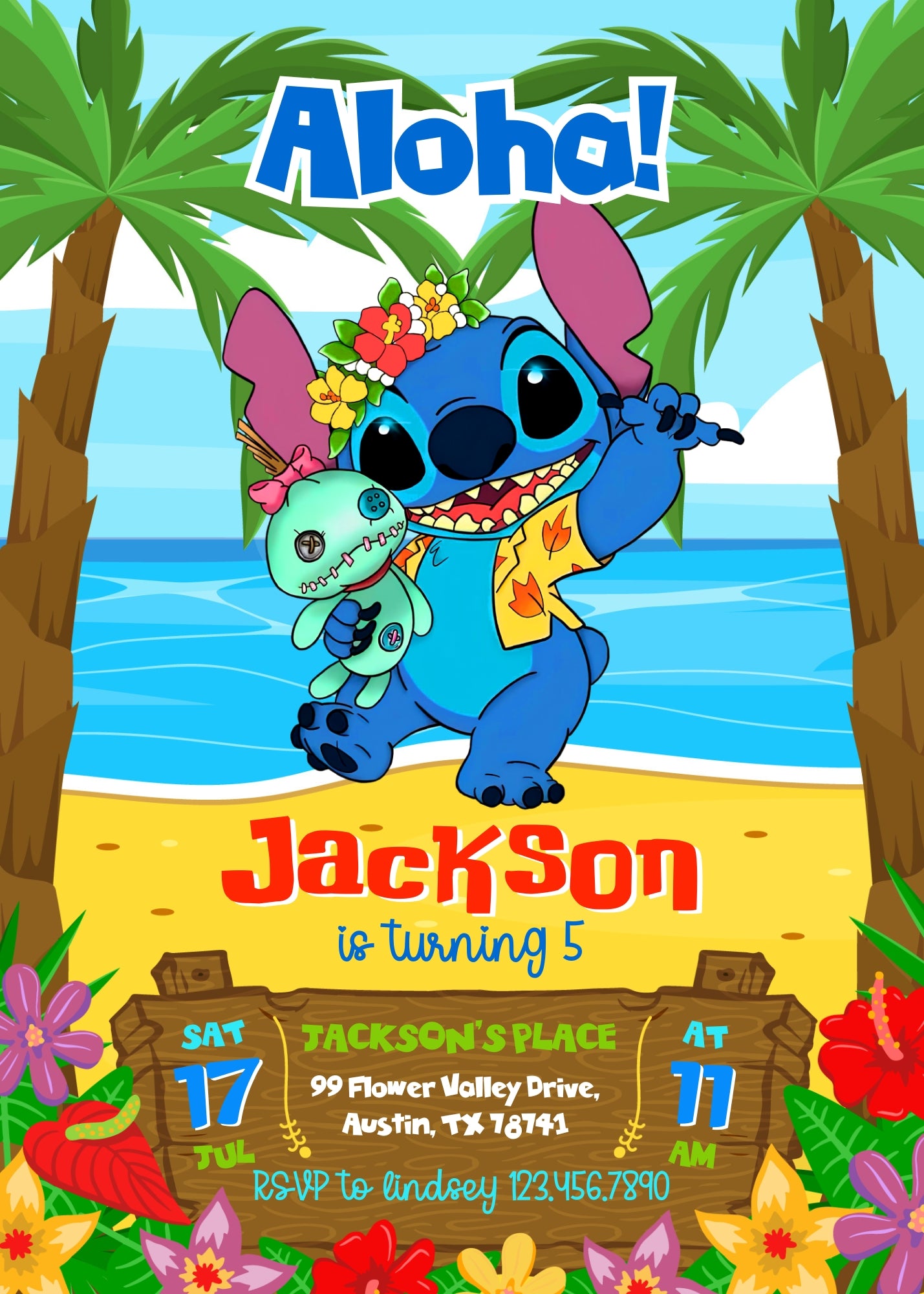 Lilo & Stitch Aloha personizable birthday invitation template, instant download, XD125