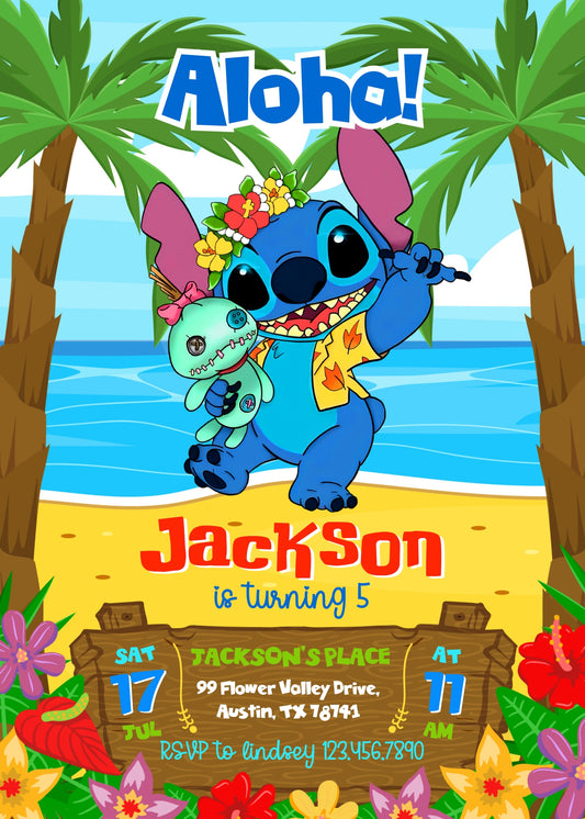 Lilo & Stitch Aloha personizable birthday invitation template, instant download, XD125