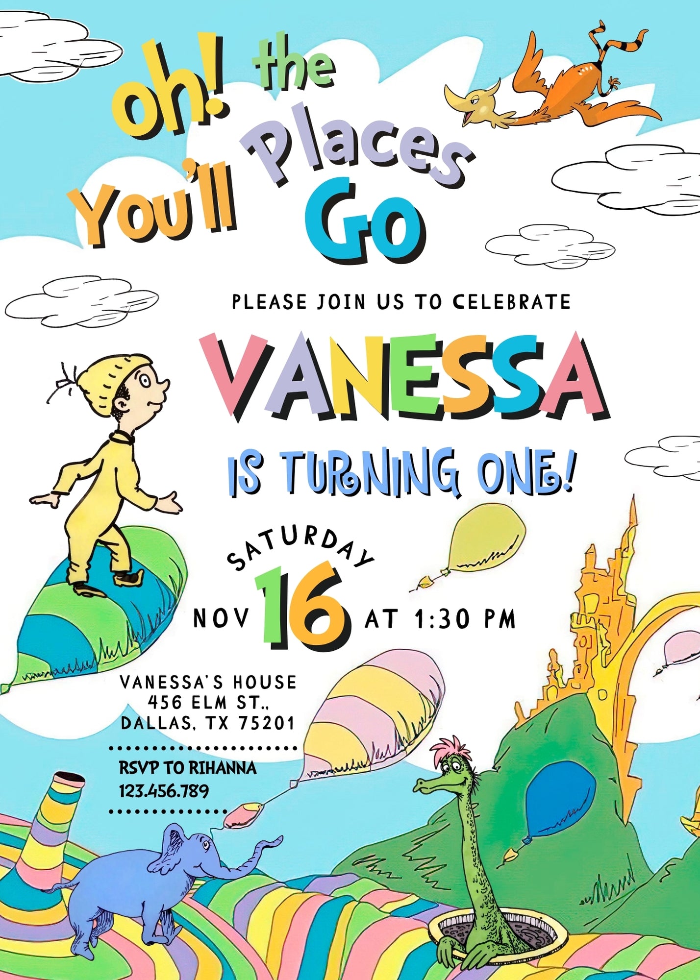 Dr Seuss Oh, the Places You'll Go personizable birthday invitation template, instant download, BD064