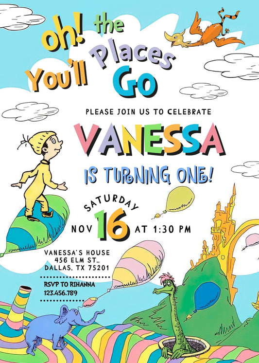 Dr Seuss Oh, the Places You'll Go personizable birthday invitation template, instant download, BD064