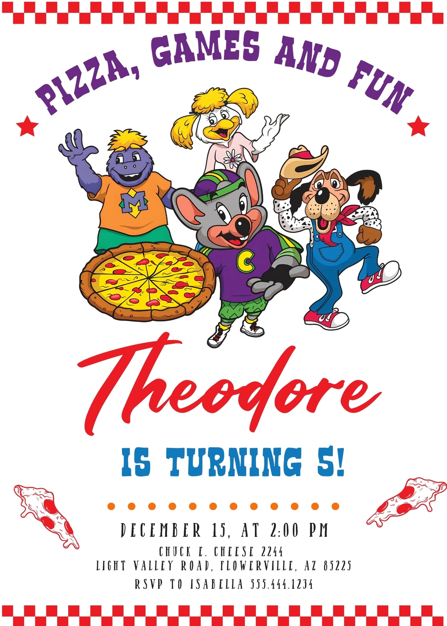 Chuck E. Cheese personizable birthday invitation template, instant download, PD113