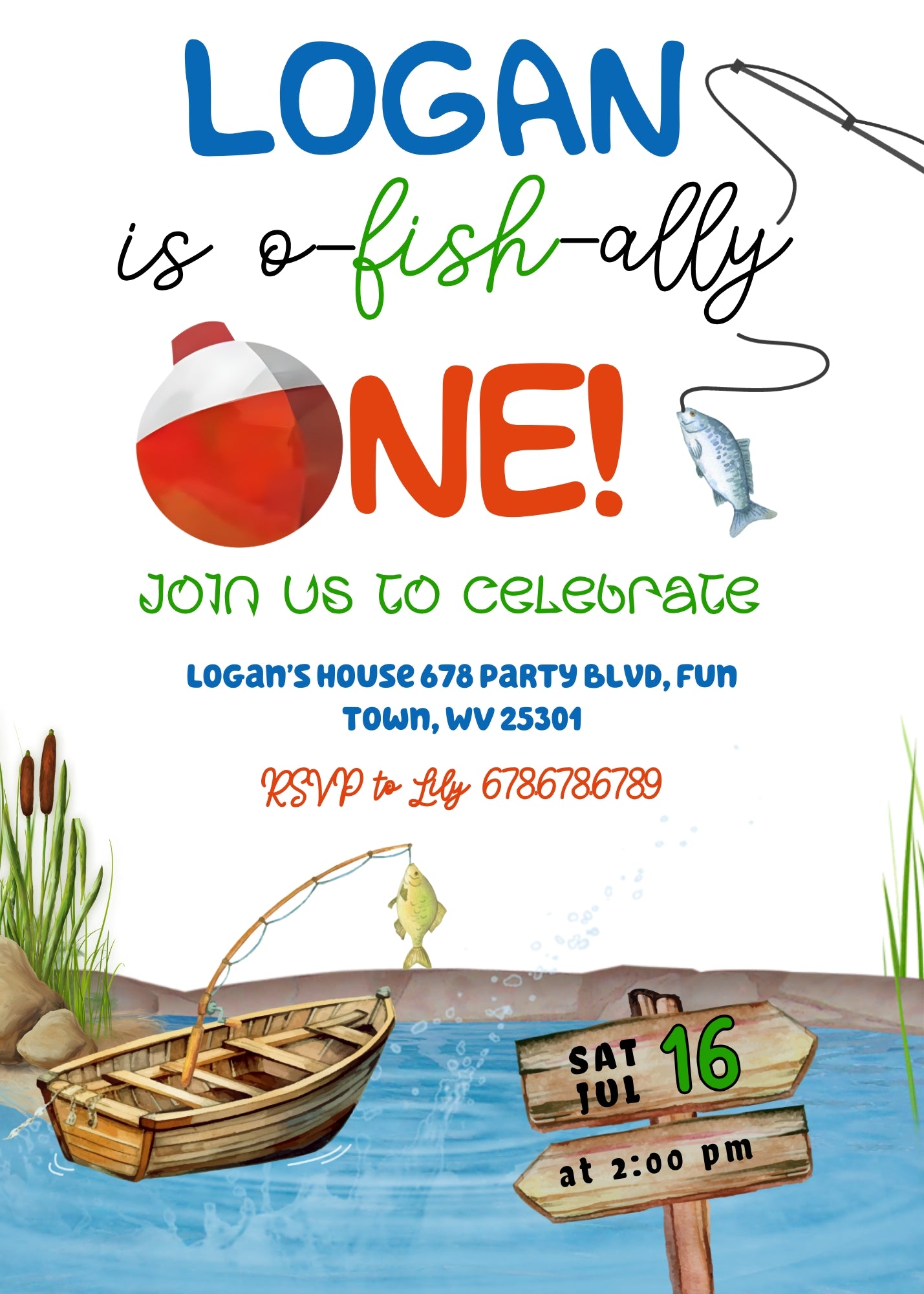 Fishing 1st O-Fish-Ally personizable birthday invitation template, instant download, NC207