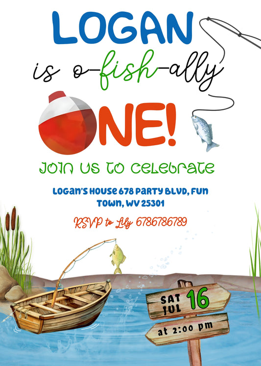 Fishing 1st O-Fish-Ally personizable birthday invitation template, instant download, NC207