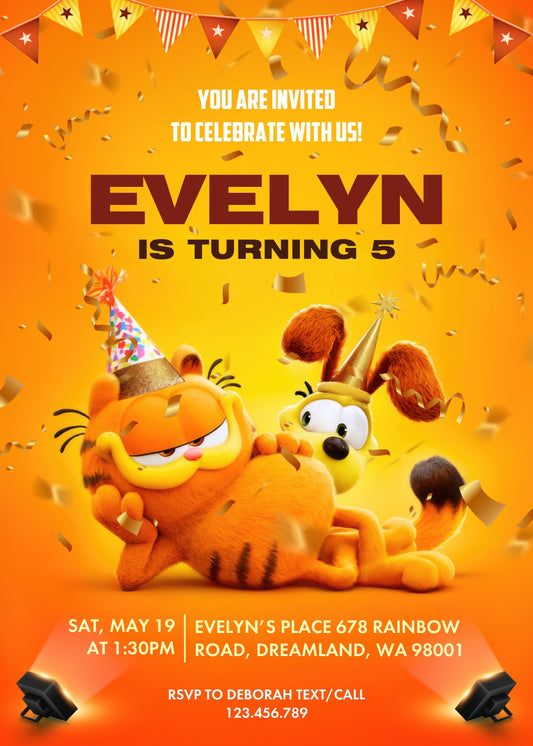 Garfield Orange Cat personizable birthday invitation template, instant download, boy, UE250