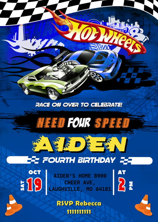 Hot Wheels Need Four Speed personizable birthday invitation template, instant download, boy, UL226