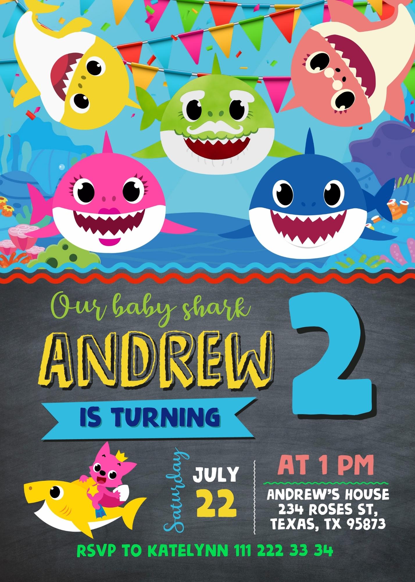 Baby Shark personizable birthday invitation template, instant download, QP545