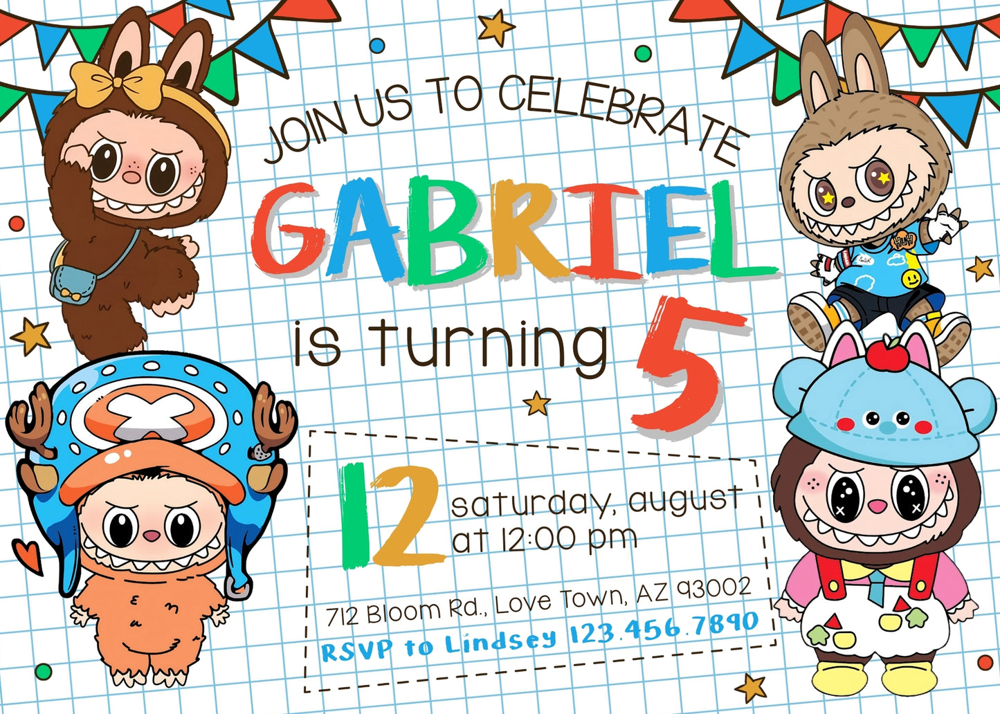 Labubu customizable birthday invite template, instant download| ZN724