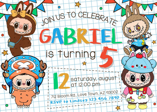 Labubu customizable birthday invite template, instant download| ZN724