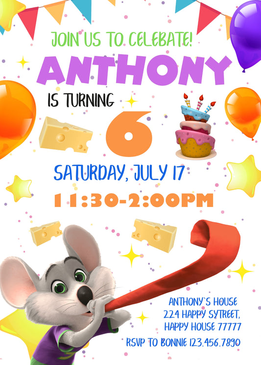 Chuck E. Cheese personizable birthday invitation template, instant download, CP465