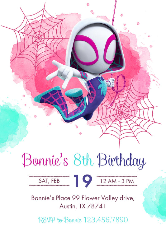Spider Gwen Ghost Spidey personizable birthday invitation template, instant download, girl, ZB545
