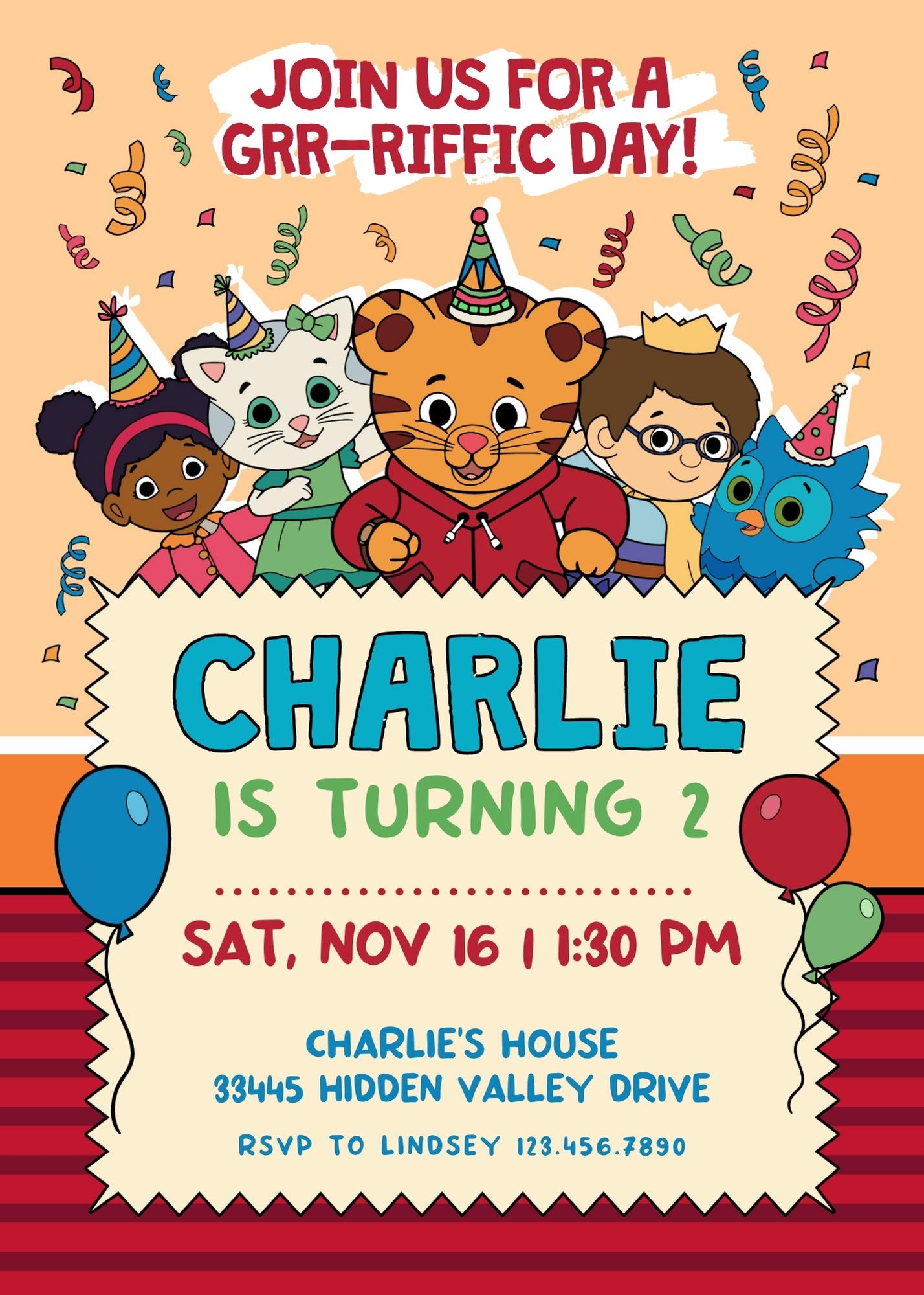 Daniel Tiger's Neighborhood personizable birthday invitation template, instant download, GA095