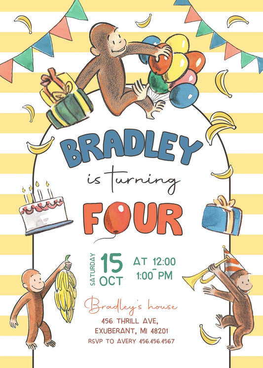 Curious George Monkey personizable birthday invitation template, instant download, ZG922