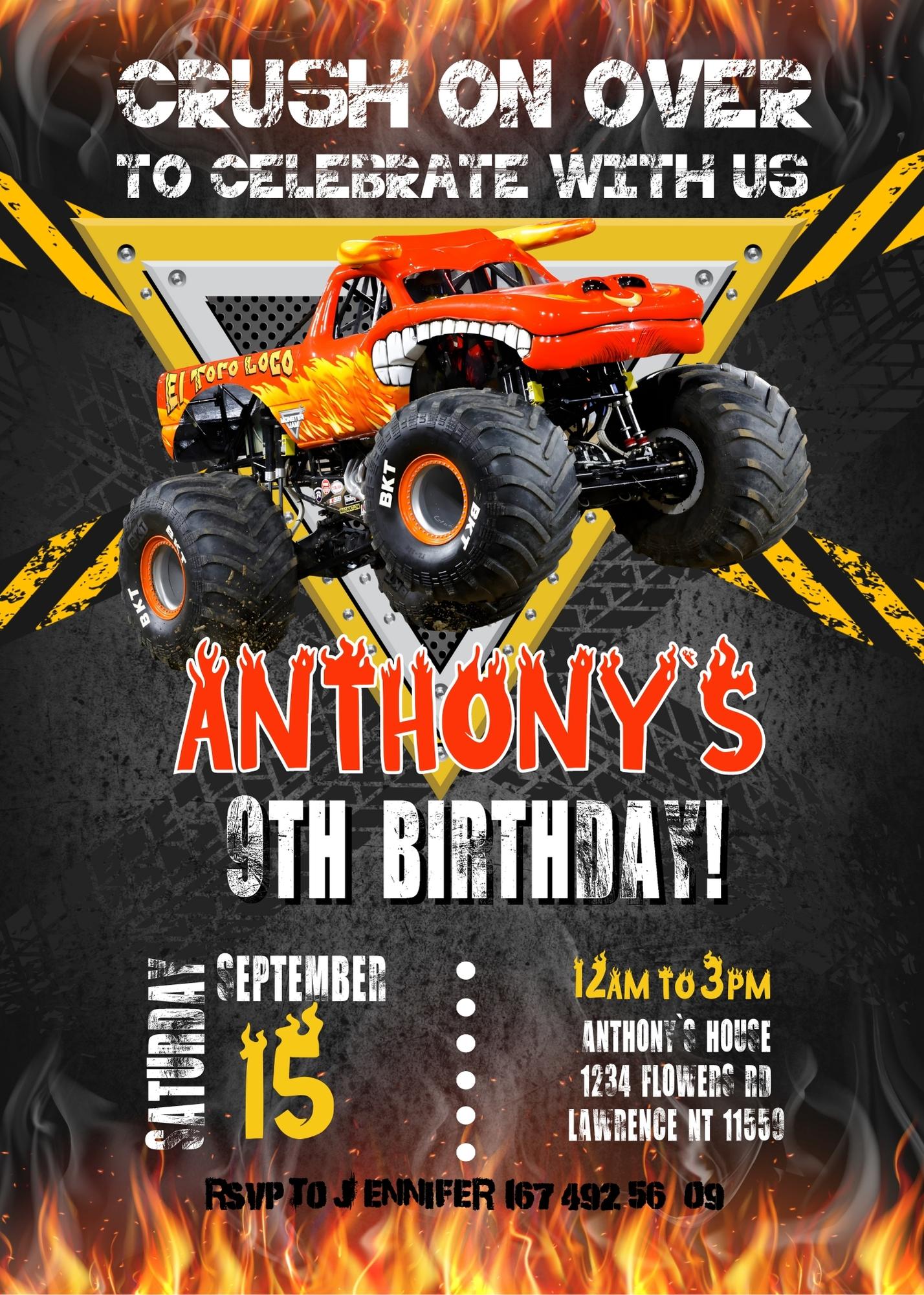 El Toro Loco Monster Jam Truck personizable birthday invitation template, instant download, boy, QZ900
