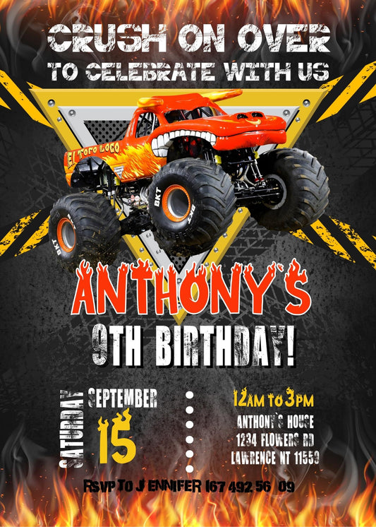El Toro Loco Monster Jam Truck personizable birthday invitation template, instant download, boy, QZ900
