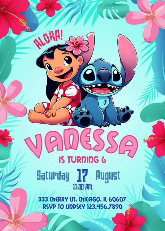 Lilo & Stitch Aloha personizable birthday invitation template, instant download, EX008