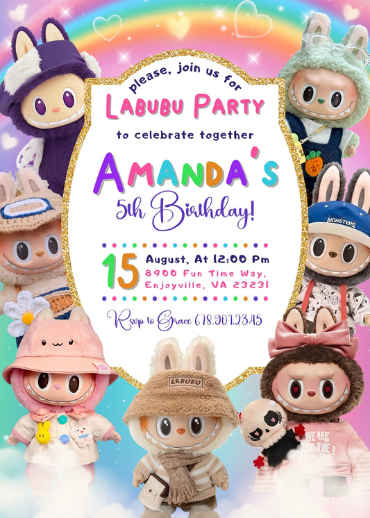 Labubu customizable birthday invite template, instant download| ER915