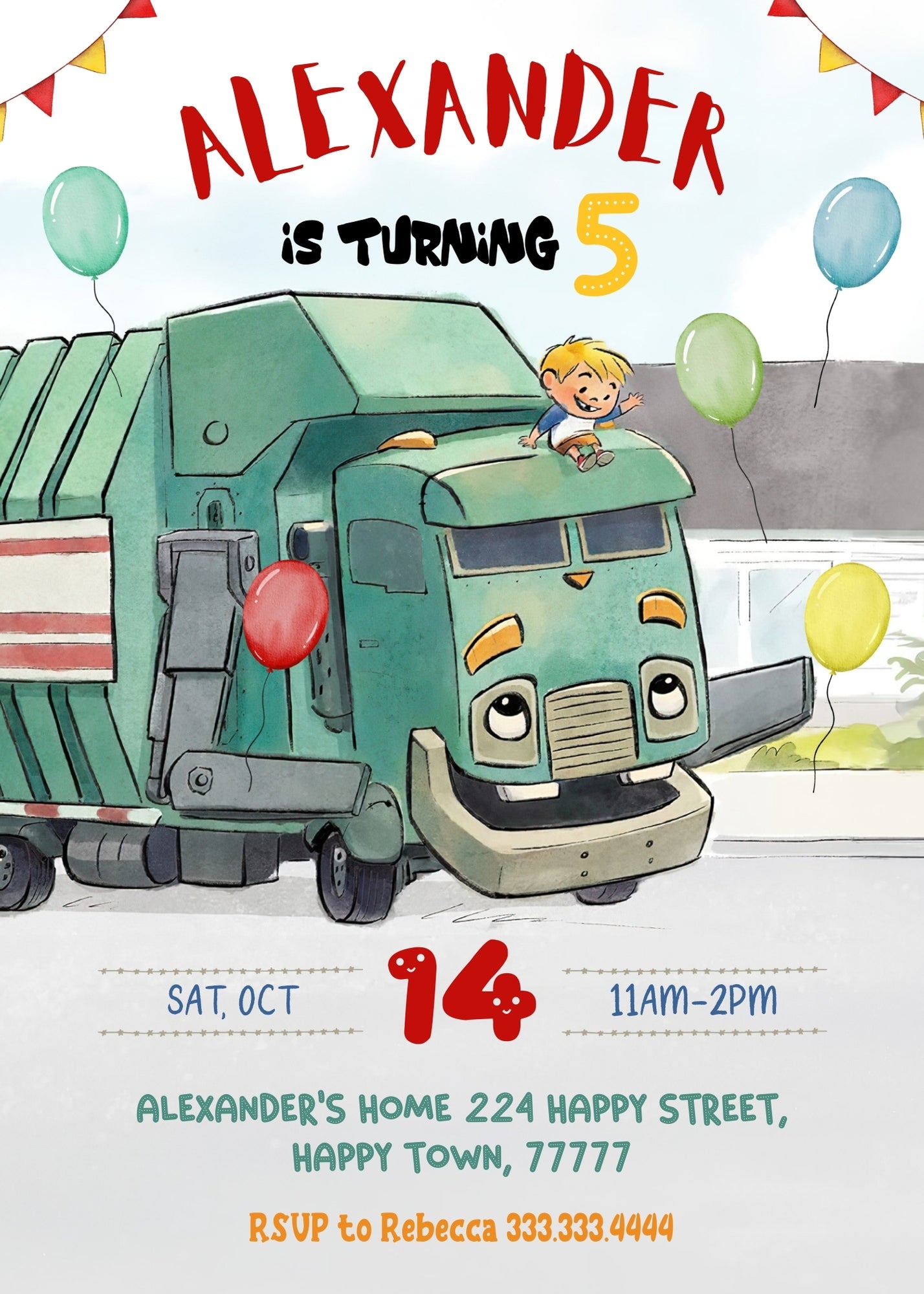 Trash Green Truck personizable birthday invitation template, instant download, JK869