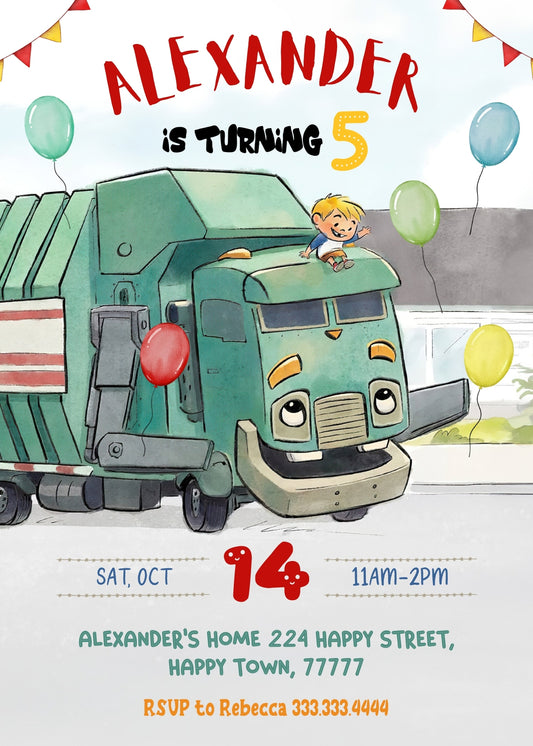 Trash Green Truck personizable birthday invitation template, instant download, JK869