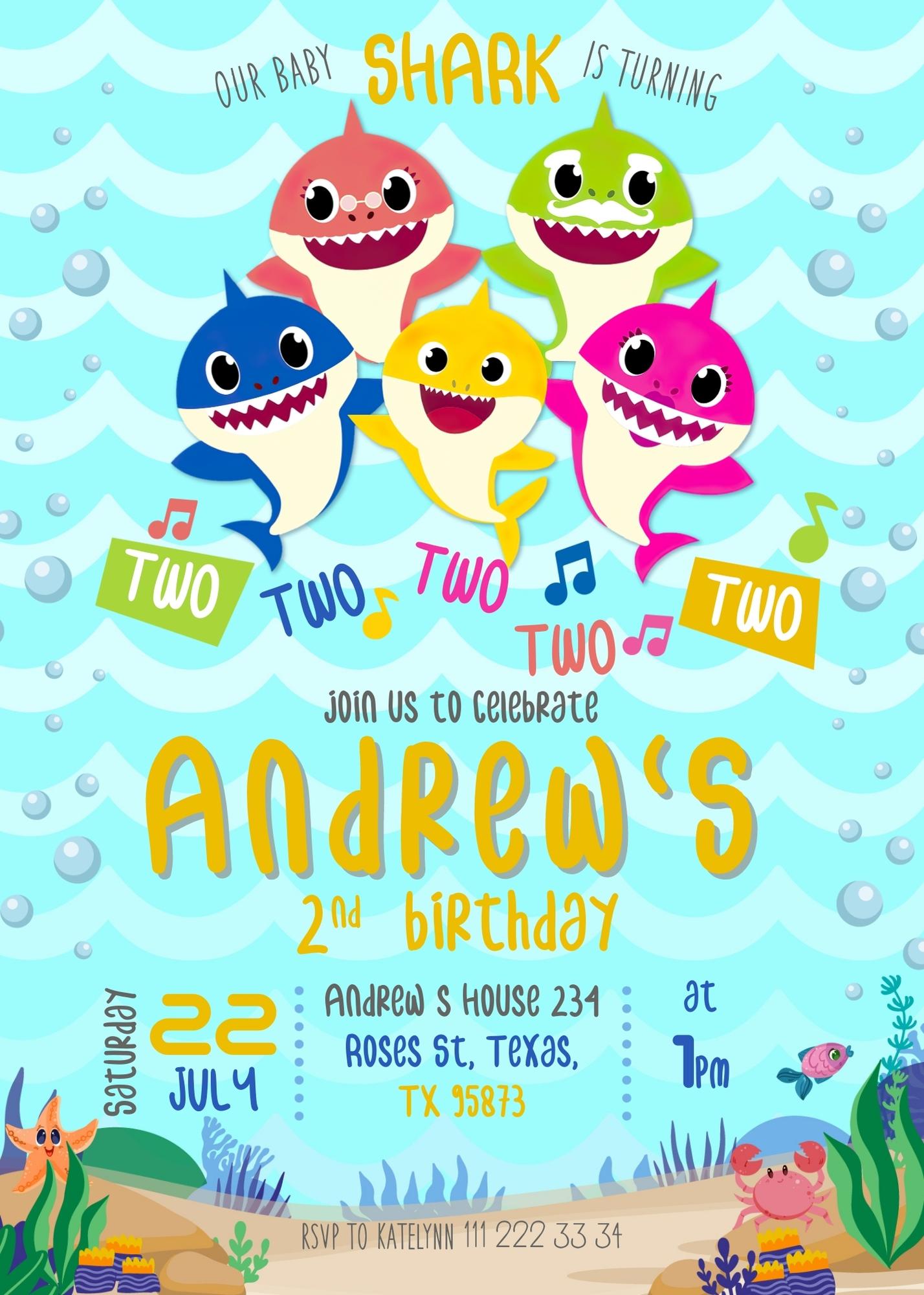 Baby Shark personizable birthday invitation template, instant download, LN921