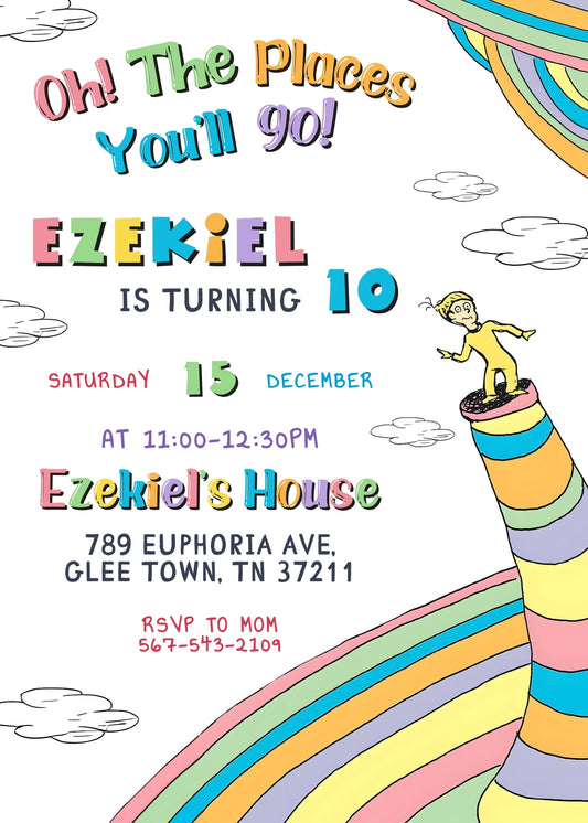 Dr Seuss Oh, the Places You'll Go personizable birthday invitation template, instant download, QG620