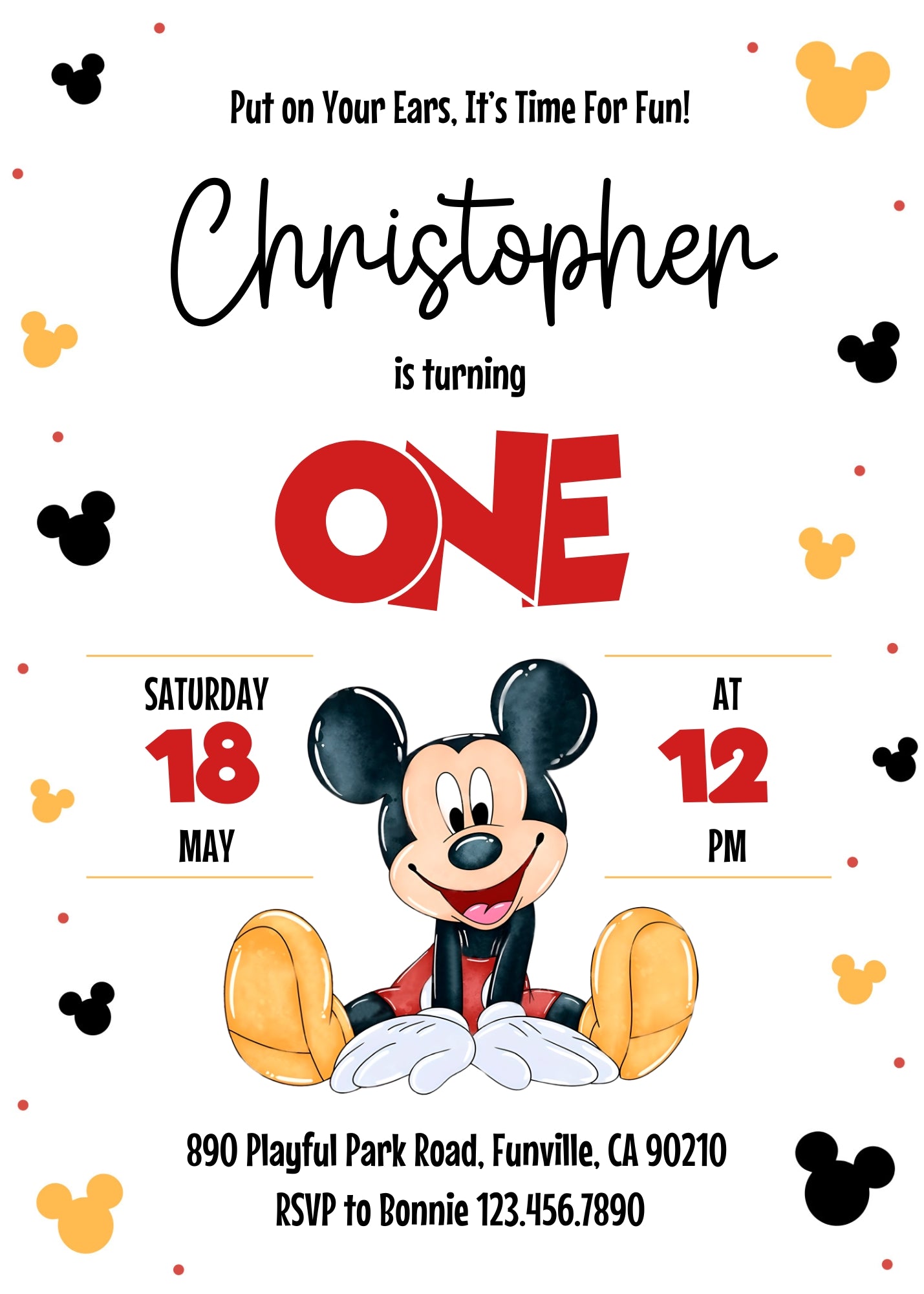 Mickey Mouse 1st Birthday personizable birthday invitation template, instant download, XS076