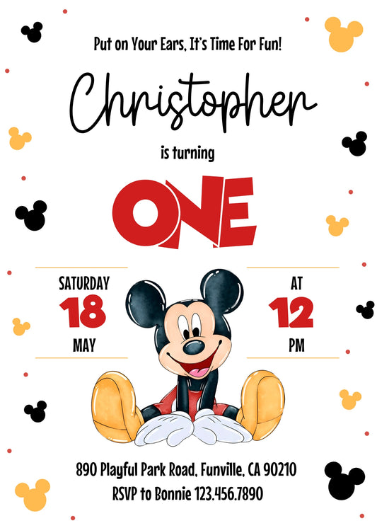 Mickey Mouse 1st Birthday personizable birthday invitation template, instant download, XS076