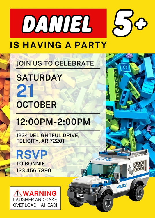 Lego Police Car personizable birthday invitation template, instant download, boy, MC079