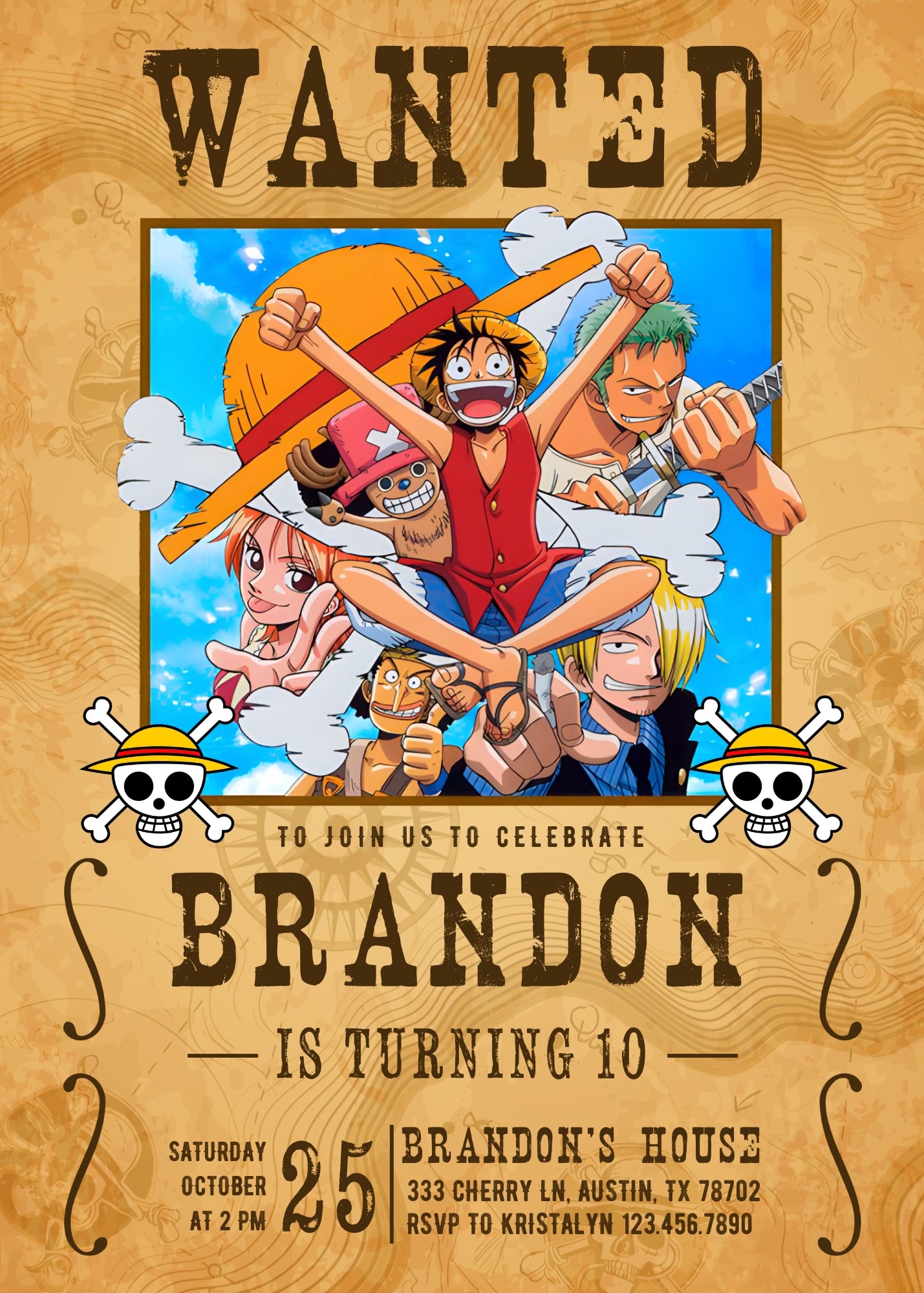 One Piece Monkey D.Luffy Anime personizable birthday invitation template, instant download, EB481