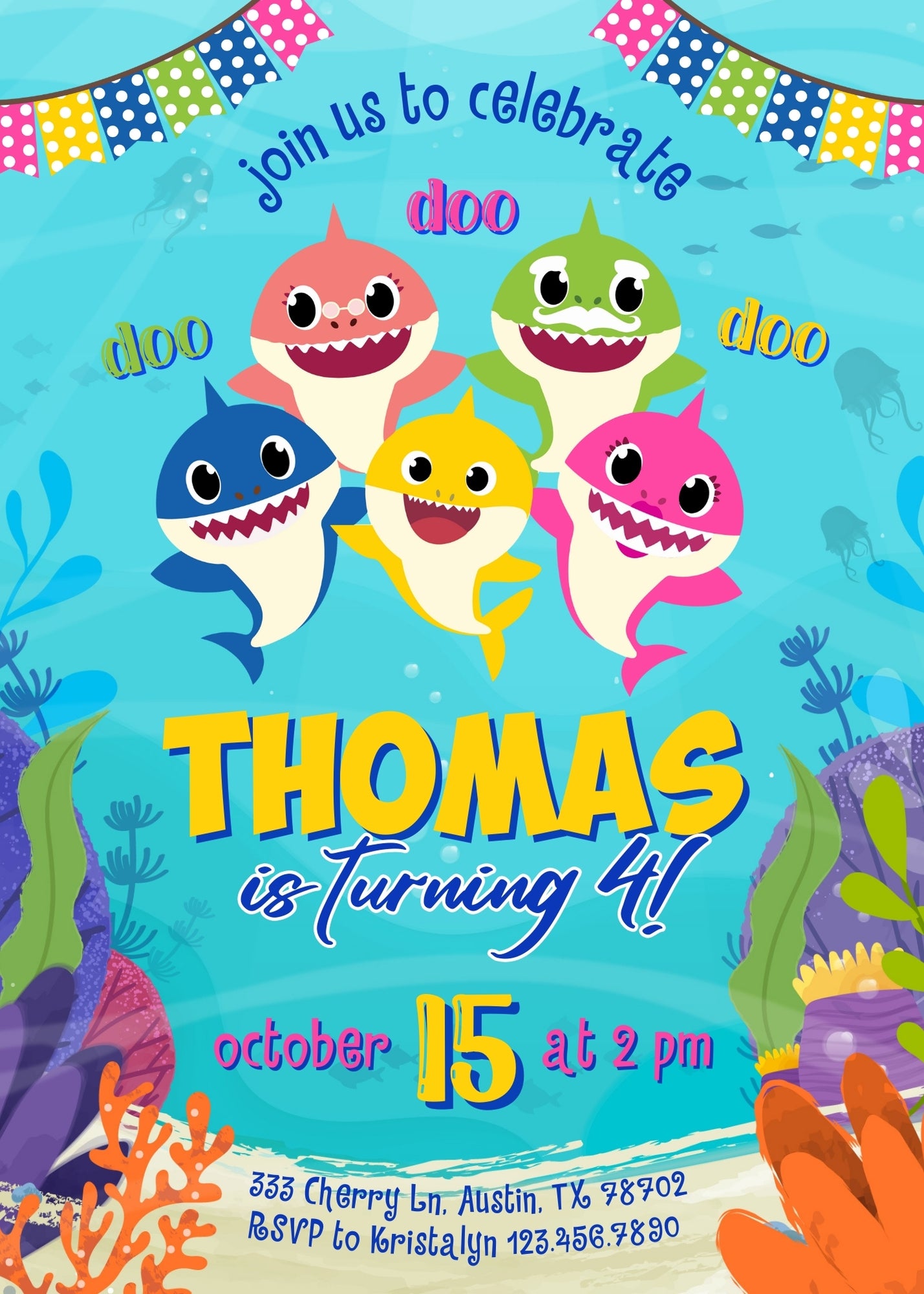 Baby Shark personizable birthday invitation template, instant download, IY879