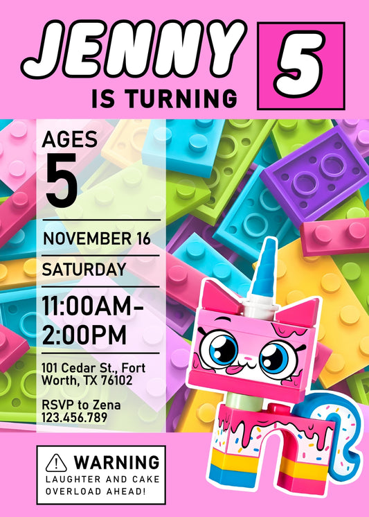 Lego UniKitty personizable birthday invitation template, instant download, UM255