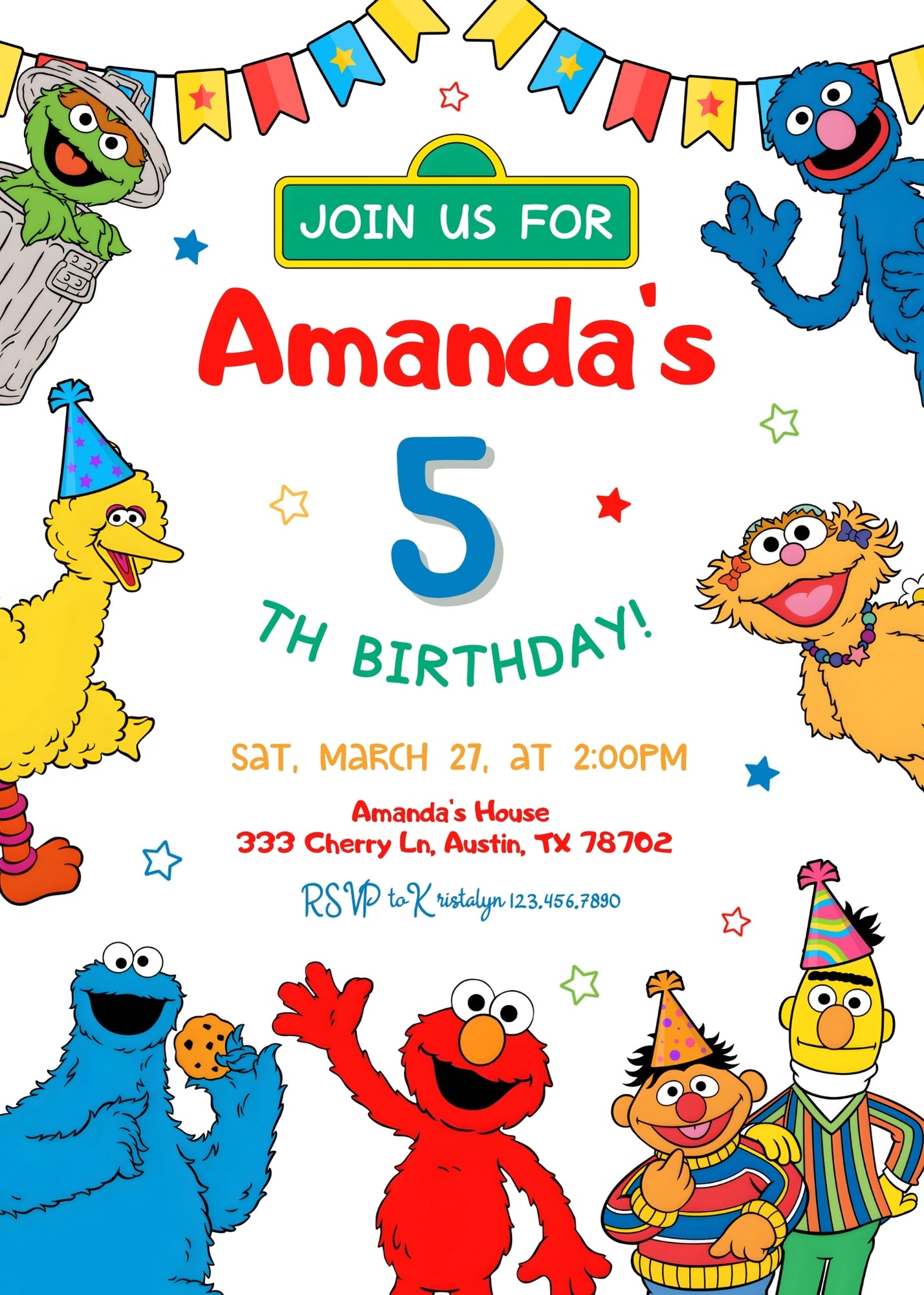 Sesame Street personizable birthday invitation template, instant download, PT831