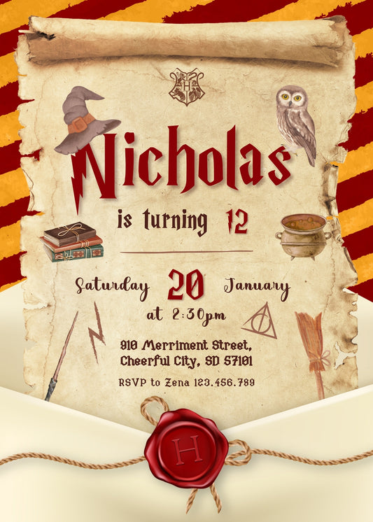 Harry Potter Hogwarts personizable birthday invitation template, instant download, WF658