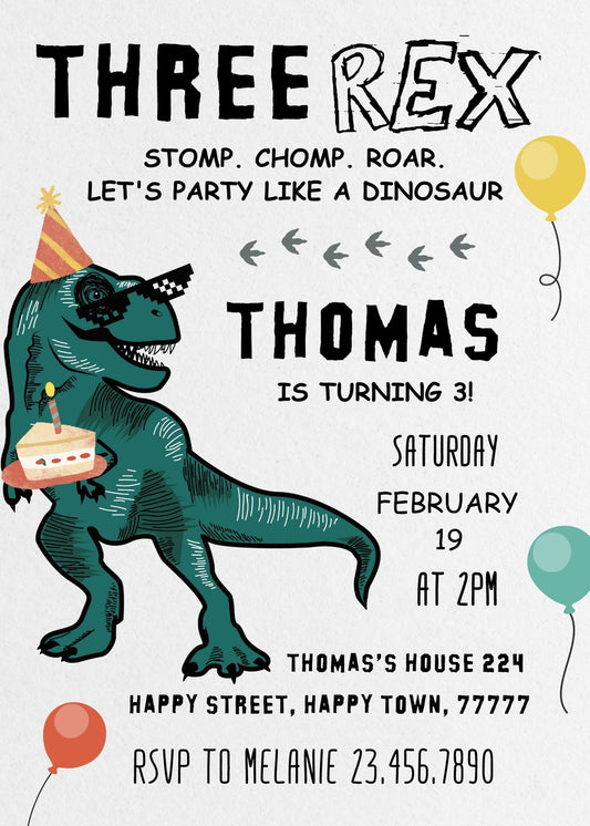 Dinosaur T-Rex personizable birthday invitation template, instant download, BL910