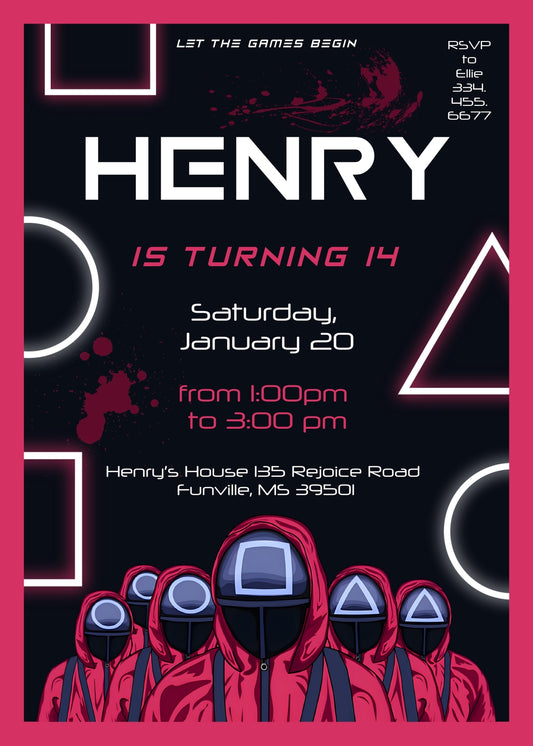 Squid Game customizable birthday invite template, instant download| NO063