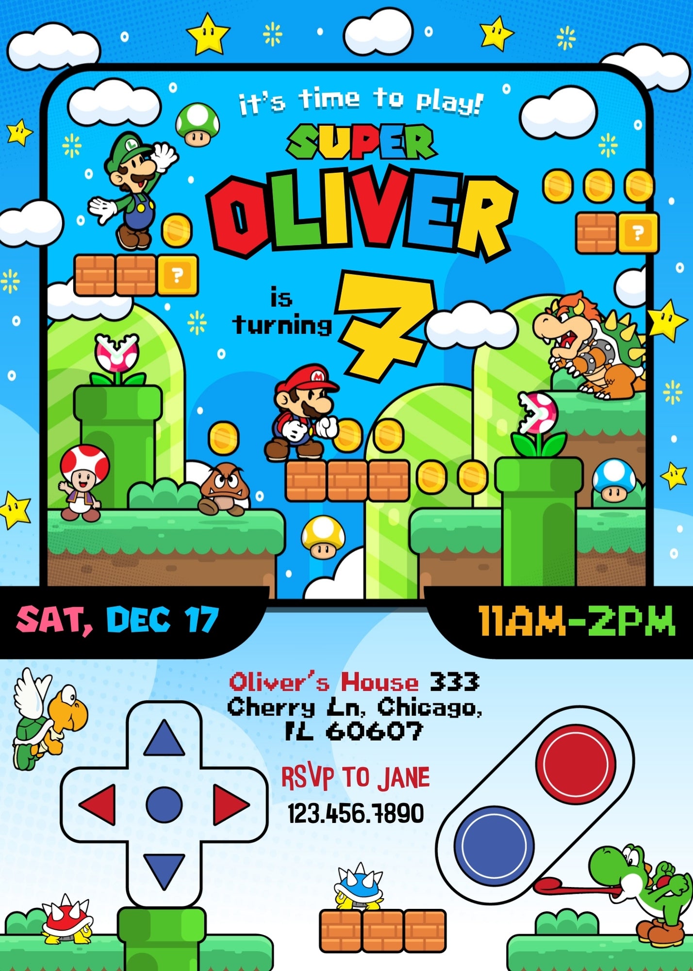 Super Mario Bros personizable birthday invitation template, instant download, RW664