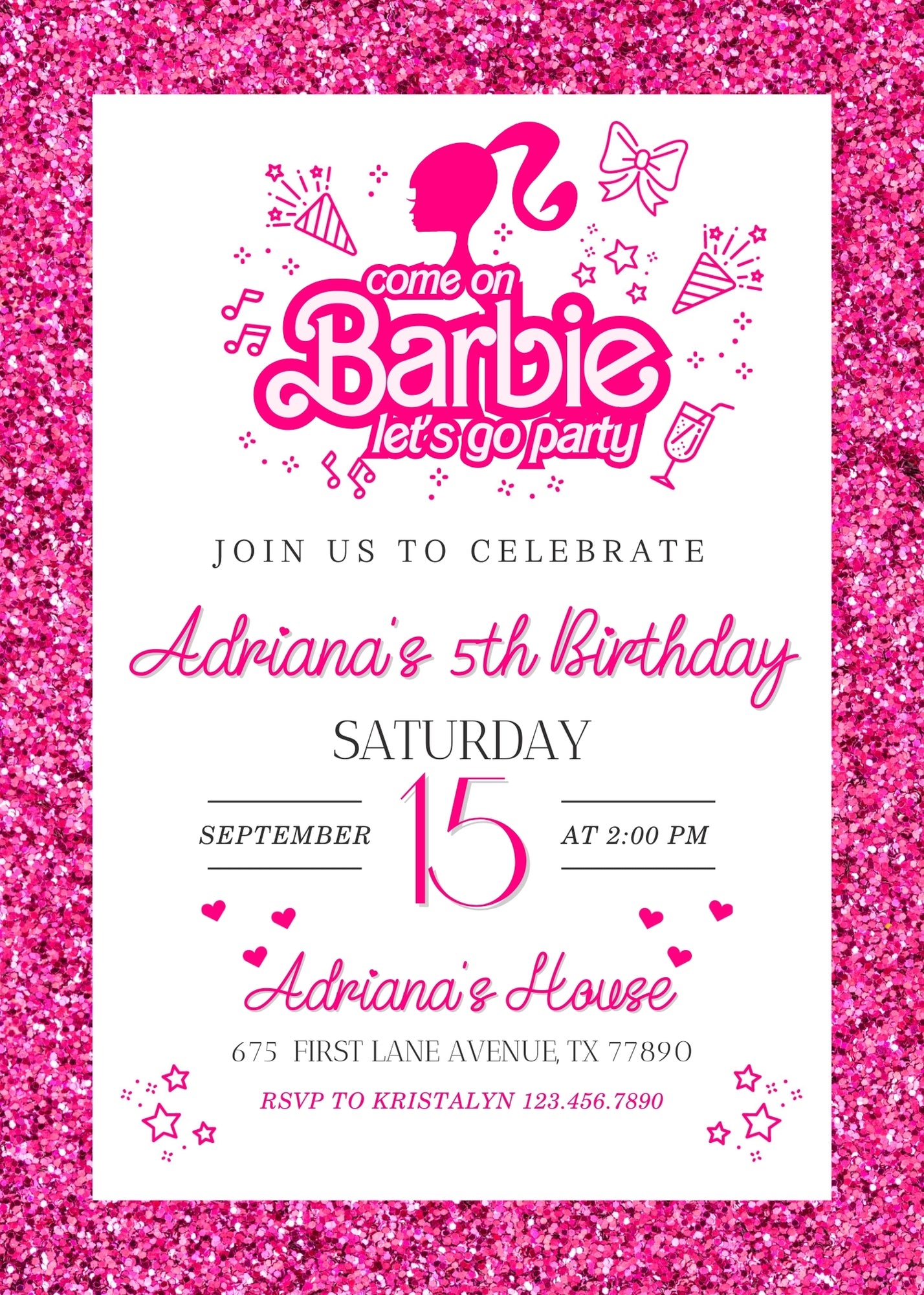 Barbie Pink personizable birthday invitation template, instant download, girl, BT404
