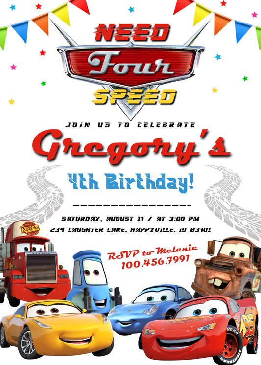 Cars Lightning Mcqueen Four personizable birthday invitation template, instant download, boy, YX880