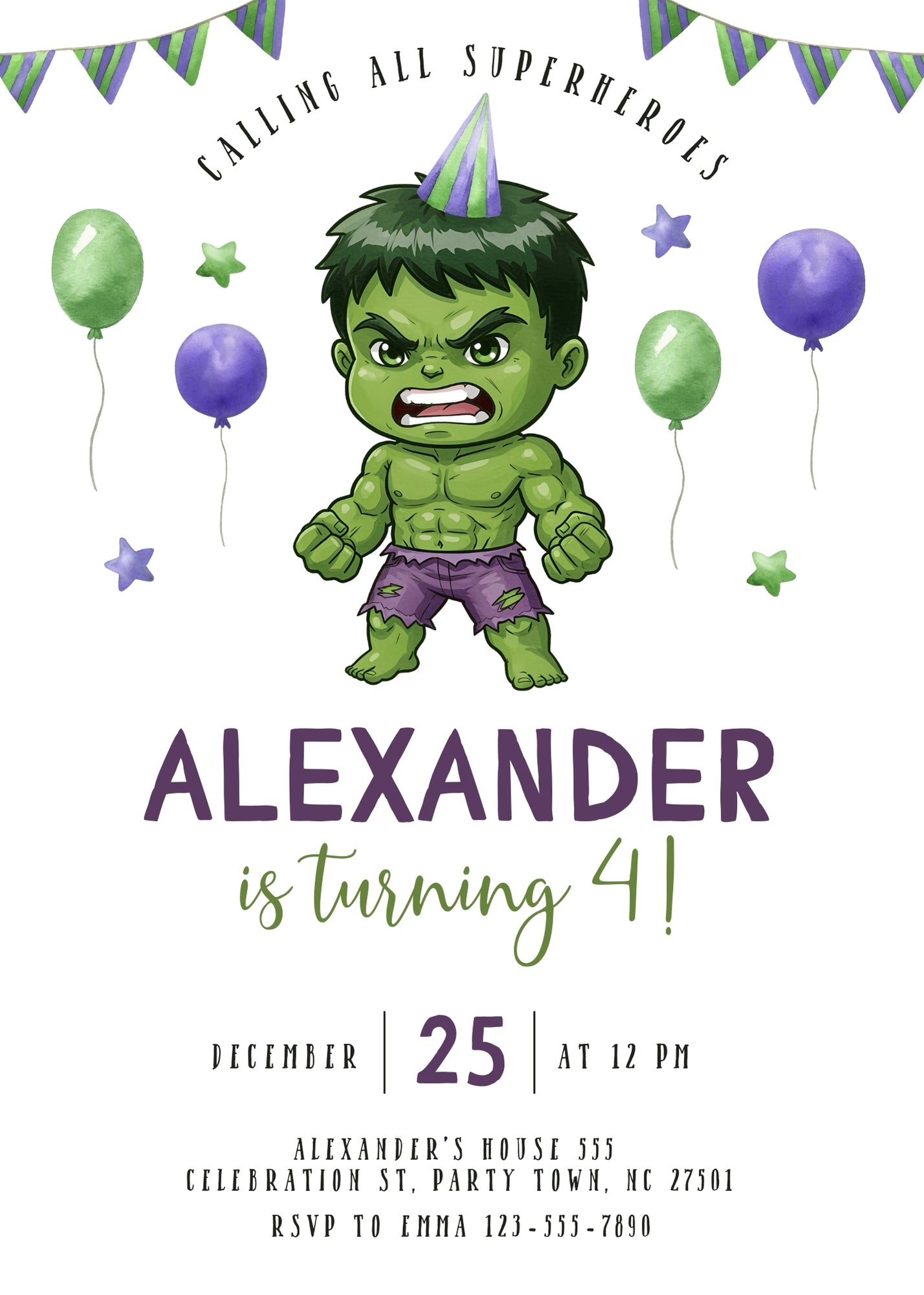 Hulk The Avengers Marvel Superhero personizable birthday invitation template, instant download, boy, OE909